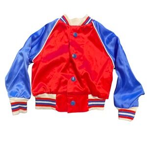 Vintage Kids Red Blue Satin Bomber Jacket Baseball Style Snap Front Size 3